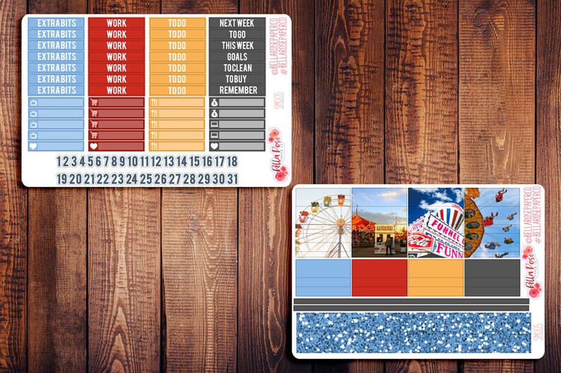 May include: A set of printable planner stickers with a carnival theme. The stickers feature a Ferris wheel, a funnel cake stand, a carousel, and a blue glitter background. The stickers also include a calendar with the numbers 1 through 31, and a list of tasks such as "Work", "Todo", and "Next Week".