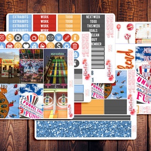 May include: A set of colorful planner stickers featuring a carnival theme. The stickers include images of cotton candy, Ferris wheels, and carnival games. The stickers are perfect for adding a fun and festive touch to your planner.