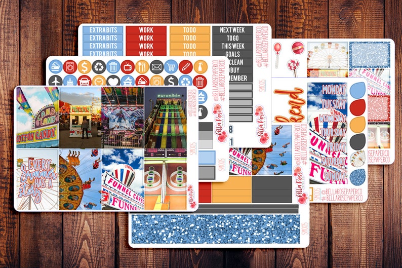 May include: A set of colorful planner stickers featuring a carnival theme. The stickers include images of cotton candy, Ferris wheels, and carnival games. The stickers are perfect for adding a fun and festive touch to your planner.