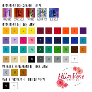 May include: A color chart of permanent vinyl for crafting projects. The chart includes holographic, outdoor, metallic, and matte vinyl options. The chart is labeled with numbers 1-44 and includes color names like opal holo, orange holo, pink holo, rainbow mist, and blue holo.