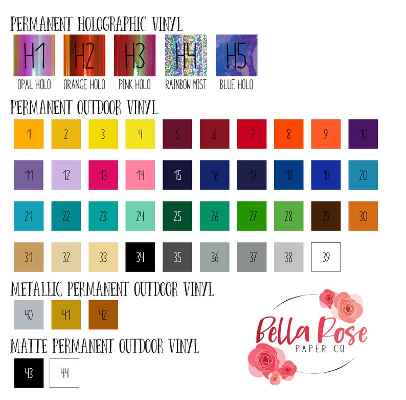 May include: A color chart of permanent vinyl for crafting projects. The chart includes holographic, outdoor, metallic, and matte vinyl options. The chart is labeled with numbers 1-44 and includes color names like opal holo, orange holo, pink holo, rainbow mist, and blue holo.