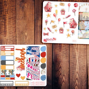 May include: A set of colorful planner stickers featuring a carnival theme. The stickers include a red and white striped tent, popcorn, cotton candy, and a Ferris wheel. The stickers are perfect for adding a fun and festive touch to your planner.