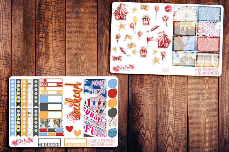 May include: A set of colorful planner stickers featuring a carnival theme. The stickers include a red and white striped tent, popcorn, cotton candy, and a Ferris wheel. The stickers are perfect for adding a fun and festive touch to your planner.