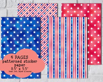 Stars and Stripes Sticker Paper, Junk Journaling, Patriotic Scrapbooking Paper (Set of 4 A5 5.5" x 8.5" Sheets)