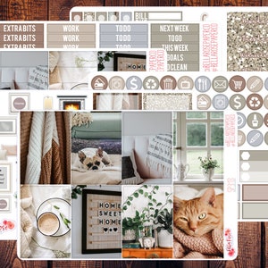 May include: A set of planner stickers featuring a cozy home theme with images of a fireplace, a cat, a dog, a cup of coffee, and a plant. The stickers also include text like "Home Sweet Home" and "Work".