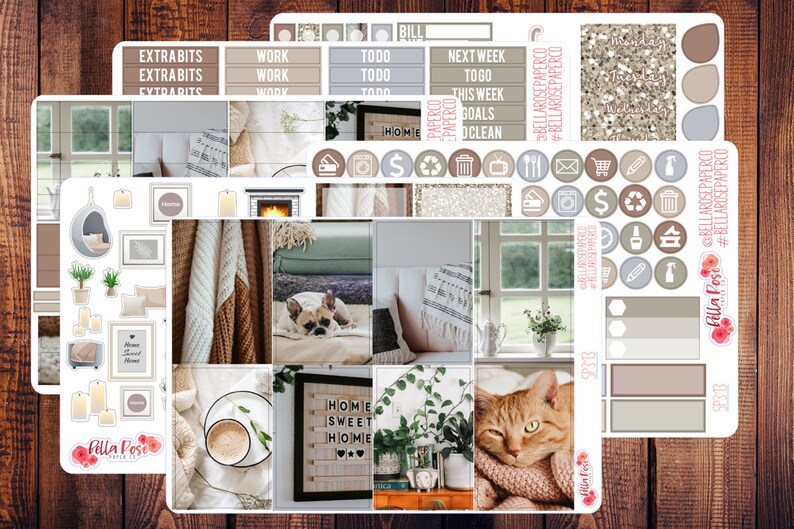 May include: A set of planner stickers featuring a cozy home theme with images of a fireplace, a cat, a dog, a cup of coffee, and a plant. The stickers also include text like "Home Sweet Home" and "Work".