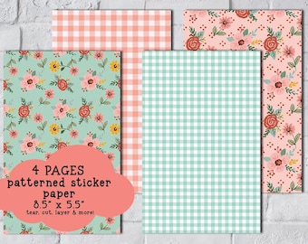 Country Florals Sticker Paper, Junk Journaling, Scrapbooking Paper (Set of 4 A5 5.5" x 8.5" Sheets)