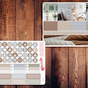 May include: A set of printable planner stickers featuring a neutral color palette of brown, beige, and gray. The stickers include a variety of icons, such as a shopping cart, a plane, a house, a coffee cup, and a clock. The stickers also include a set of blank boxes for writing in.