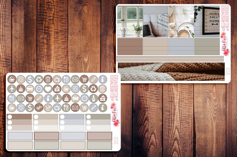 May include: A set of printable planner stickers featuring a neutral color palette of brown, beige, and gray. The stickers include a variety of icons, such as a shopping cart, a plane, a house, a coffee cup, and a clock. The stickers also include a set of blank boxes for writing in.