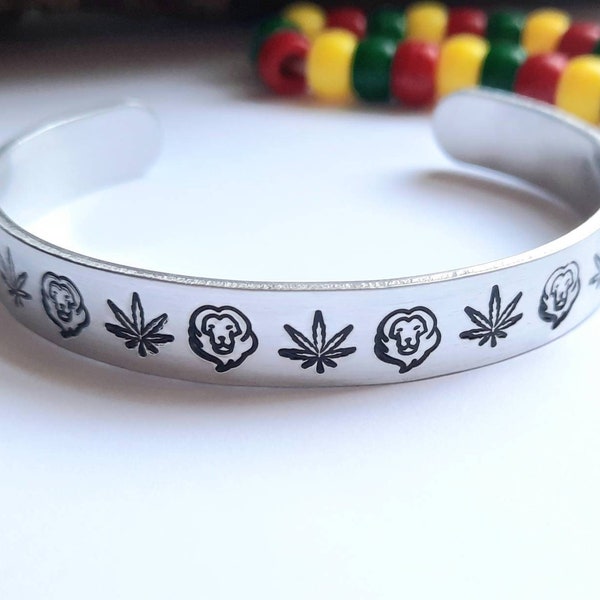 Lion and Ganja Leaf Bracelet~Rasta~Cannabis~Metal Stamped Handmade Jewelry~Made with Love