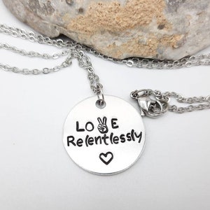 Love Relentlessly Necklace~Peace Sign Hand Necklace~Spread Love~Hippie Gift~Twiddle~Metal Stamped Handmade Jewelry~Made with Love