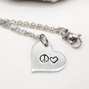 Hippie Heart Necklace~Peace and Love Jewelry~Woodstock Necklace~Hippie Gift~Metal Stamped Handmade Jewelry~Made with Love