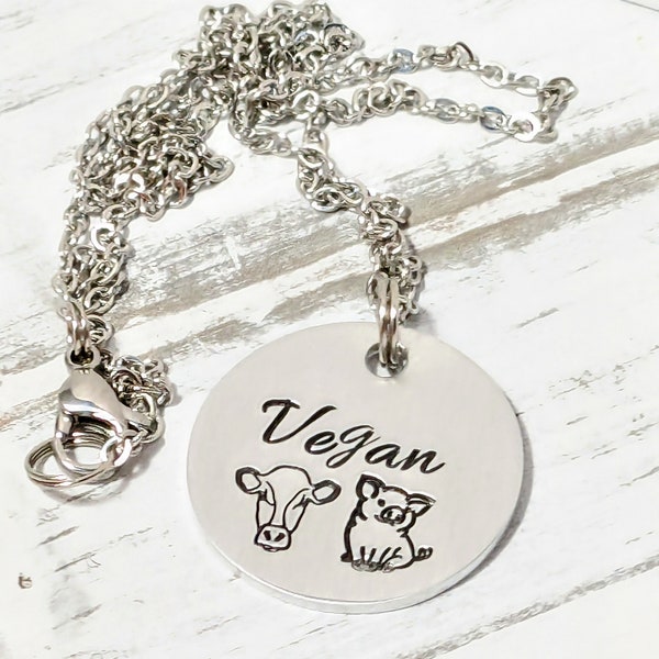 Vegan Necklace~Vegan Handmade Jewelry~Vegan Farm Friends Pendant~Metal Stamped Jewelry~Made with Love