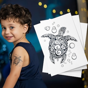 May include: A sheet of temporary tattoos featuring a black and white patterned turtle design. The turtle is surrounded by small circles, resembling bubbles. The tattoo sheet is shown next to a child with a matching tattoo on their arm.