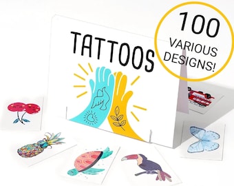 PARTY PACK Temporary Tattoo Super Duper Party Set of 100 Various Tattoo Transfers. Colorful Body Stickers for Kids. Birthday Party Favors.