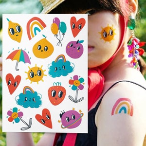 Groovy Temporäre Tattoos. Tutti Frutti Regenbogen Geburtstag Gastgeschenke. Kinder Körper Sticker. Blumen und Herzen Geburtstagsgeschenke für Kinder.