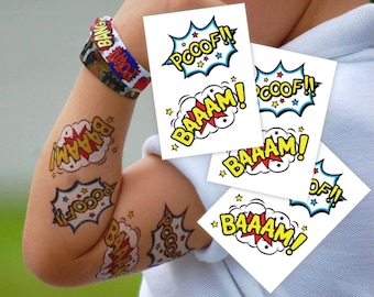 Baaam! and Pooof! Temporary Tattoo Transfers. Comic Style Super Hero Kids Birthday Party Body Stickers. Superhero Party Favors.