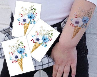 Transferts de tatouage temporaire crème glacée Boho Flowers. Lot de 3 stickers pour le corps représentant des fleurs aquarelles dans un cornet gaufré. Cadeaux floraux.