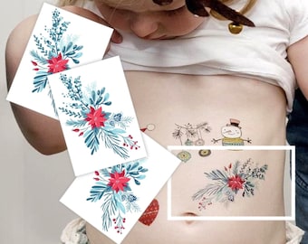 Winter Flowers Temporary Tattoo Transfers. Set of 3 Floral Body Stickers. Modern Christmas Stocking Stuffers. Gifts For Kids And Adults.