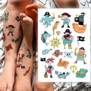 Pirate Party Temporary Tattoo Transfers. Cartoon Style Pirate Characters Body Stickers. Ahoy Birthday Party Favors. Gifts For Kids.