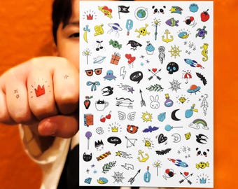 Tiny Temporary Tattoo Transfers. Birds, Rainbows, Hearts, Arrows and Many Other Doodle Style Designs, Big Set of 100 Kids Body Stickers.