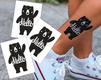 Hello Bear Set of 3 Temporary Tattoo Transfers. Hip Style Black Ink Grizzly Bear Kids Body Stickers. Woodland Party Supply, Party Favors.