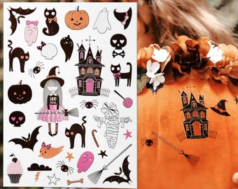 Girly Pink Halloween Temporary Tattoo Transfers. Good Witch, Black Cats, Vampire Bats, Skulls, Pumpkins and Ghosts Creepy Cute Body Stickers