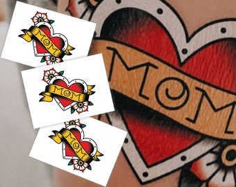 Mom Classic Style Temporary Tattoo Transfers. Set of 3 Red Heart Body Stickers For Kids. Birthday Gift, Mother's Day Party Favors, Supplies.