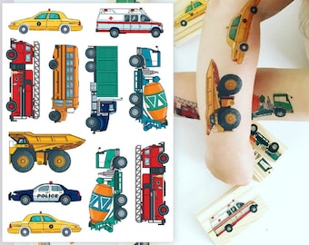 Transport Temporary Tattoo Transfers. Taxi, Ambulance, Fire Engine, School Bus, Truck, Concrete Mixer, Police Car Sticker Tattoos For Kids.