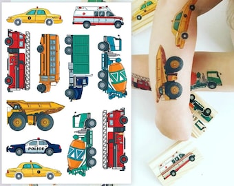 Transportez vos transferts de tatouages temporaires. Stickers pour enfants Taxi, ambulance, camion de pompiers, autobus scolaire, camion, bétonnière, voiture de police.