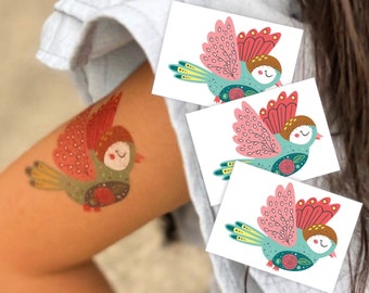 Pinky Bird Temporary Tattoo Transfers. 3 Body Stickers Of a Cute Birdie. Skin Safe, Long Lasting, Kid's Friendly Fake Tattoos. Party Favors