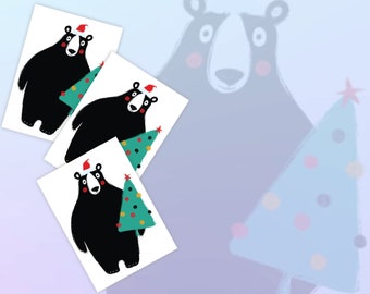 Christmas Grizzly Bear Temporary Tattoo Transfers. Set of 3 Bear With Christmas Tree Body Stickers. Funny Stocking Fillers For Kids.