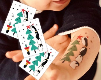 Penguins Christmas Tree Temporary Tattoo Transfers. Set of 3 Body Stickers For Kids. Xmas Party Funny and Creative Stocking Stuffers.