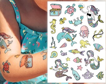 Mermaid Temporary Tattoo Transfers. Under The Sea Birthday Party. Mermaids, Dolphin, Fishes, Shells and More Other Body Stickers For Kids.