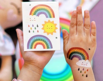 Rainbow Party Temporary Tattoo Transfers. Set of Body Stickers For Kids. Sun, Rainbow, Raincloud. Baby Shower, Birthday Party Favors.