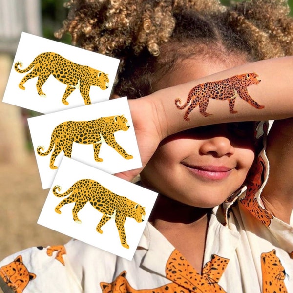 Transferts de tatouage temporaire léopard. Ensemble de 3 autocollants de corps de guépard. Jaguars, Pantheras, chats sauvages pour la fête d'anniversaire de vos enfants dans la jungle !