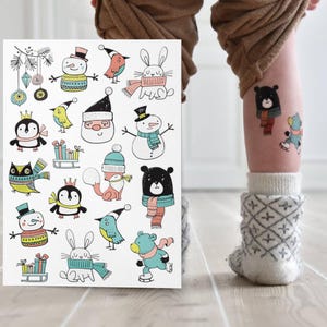 Christmas Party Temporary Tattoo Transfers. Santa Claus, Penguin, Owl and More Xmas Festive Body Stickers. Kids, Toddlers Stocking Stuffers.