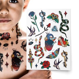 Old School Vintage Temporary Tattoos. Magical Anatomical Human Heart, Love, Red Rose, Snakes and more Classic Tattoo Stickers For Kids.