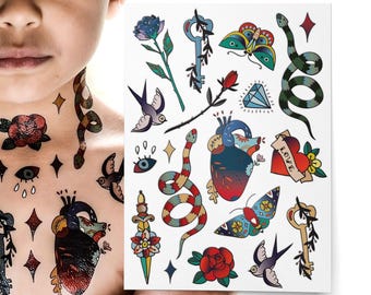 Old School Vintage Temporary Tattoos. Magical Anatomical Human Heart, Love, Red Rose, Snakes and more Classic Tattoo Stickers For Kids.