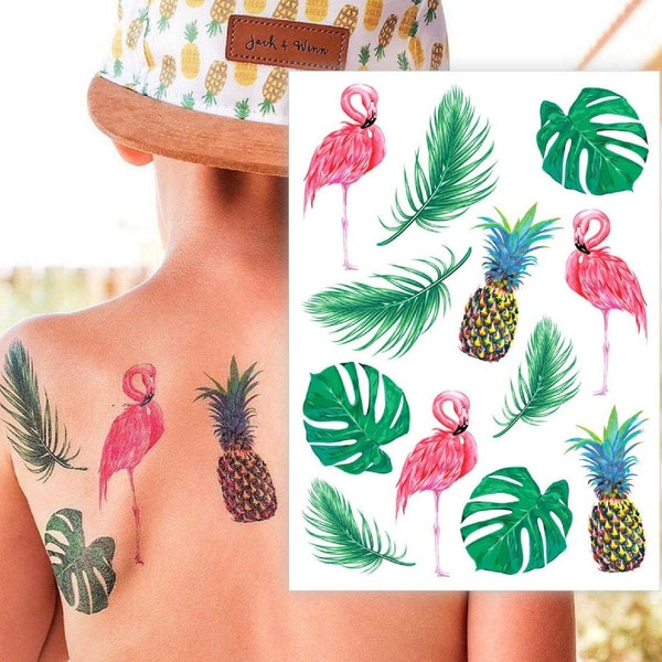 Transferts de tatouage temporaire flamant rose, ananas, plantes tropicales. Style hawaïen, cadeaux Luau. Stickers corps pour enfants. Cadeau d'anniversaire.