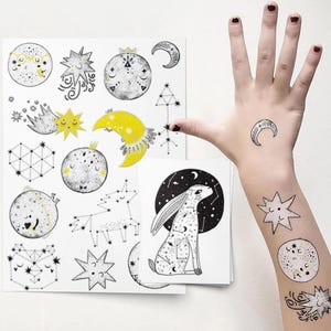 Galaxy Party temporäre Tattoos. Mond-Geburtstags-Gastgeschenke. Weltraum-Häschen-Konstellation. Körper Aufkleber. Geschenke für Kinder.