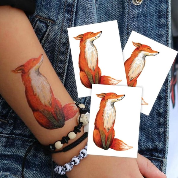 Red Fox Temporary Tattoo Transfers. Set of 3 Body Stickers For Kids. Woodland Animal Party Favors, Birthday Party Supplies.