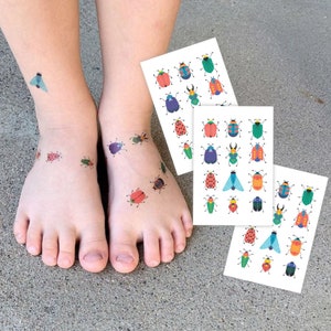 Bugs temporary tattoo transfers. Set of 36 tiny beetles body stickers for kids.