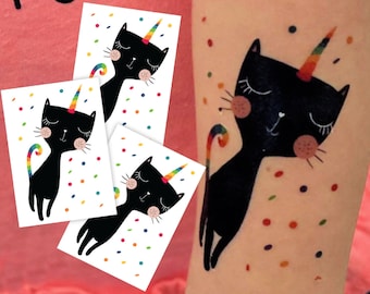 Rainbow Caticorn Temporary Tattoos. Set of 3 unicorn tatts.