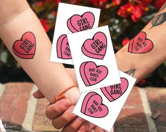 Girl Gang and Bad Ass Babes Club Temporary Tattoo Transfers. Pink Hearts Body Stickers. Galentine's Day Party Favors, Gifts for Girls & Moms