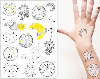 Galaxy Temporary Tattoo Transfers of Moon, Stars, Comet, Constellation. Two the Moon Birthday Party Favors. Space Party Body Stickers.