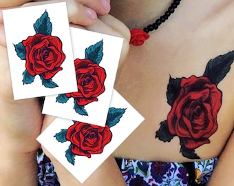 Red Rose Temporary Tattoo Transfers. Set of 3 Comics Style Body Stickers Of Retro Red Flower. Floral And Roses Party Favors, Gift For Kids.