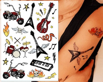 Transferts de tatouage temporaire pour fête rock and roll. Déguisements Rockstar pour enfants : guitares, motos, batterie. Cadeaux rock.
