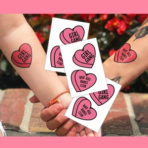 Girl Gang and Bad Ass Babes Club Temporary Tattoo Transfers. Pink Hearts Body Stickers. Galentine's Day Party Favors, Gifts for Girls & Moms