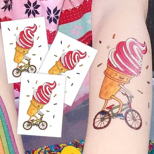 BMX Ice Cream Temporary Tattoo Transfers. Set of 3 Body Stickers of Soft Serve Ice Cream Riding Bike. Ice Cream Party Favors, Gift For Kids.
